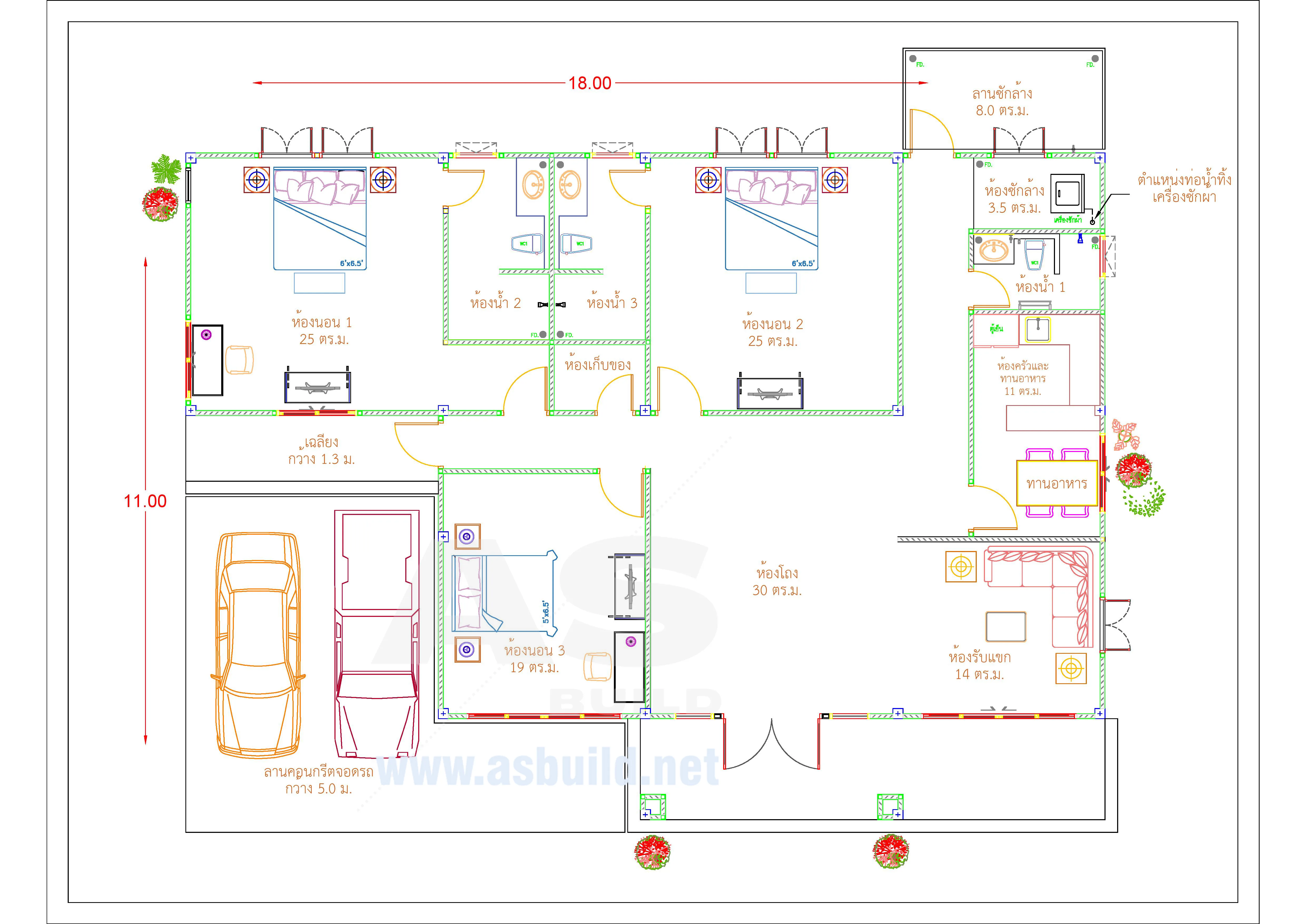 แบบบ้านชั้นเดียว 1 ชั้น พื้นที่ใช้สอย 206 ตร.ม. 3ห้องนอน 3ห้องนอน จอดรถ 2 คัน ห้องนั่งเล่น ห้องรับแขก ห้องโถงขนาดใหญ่