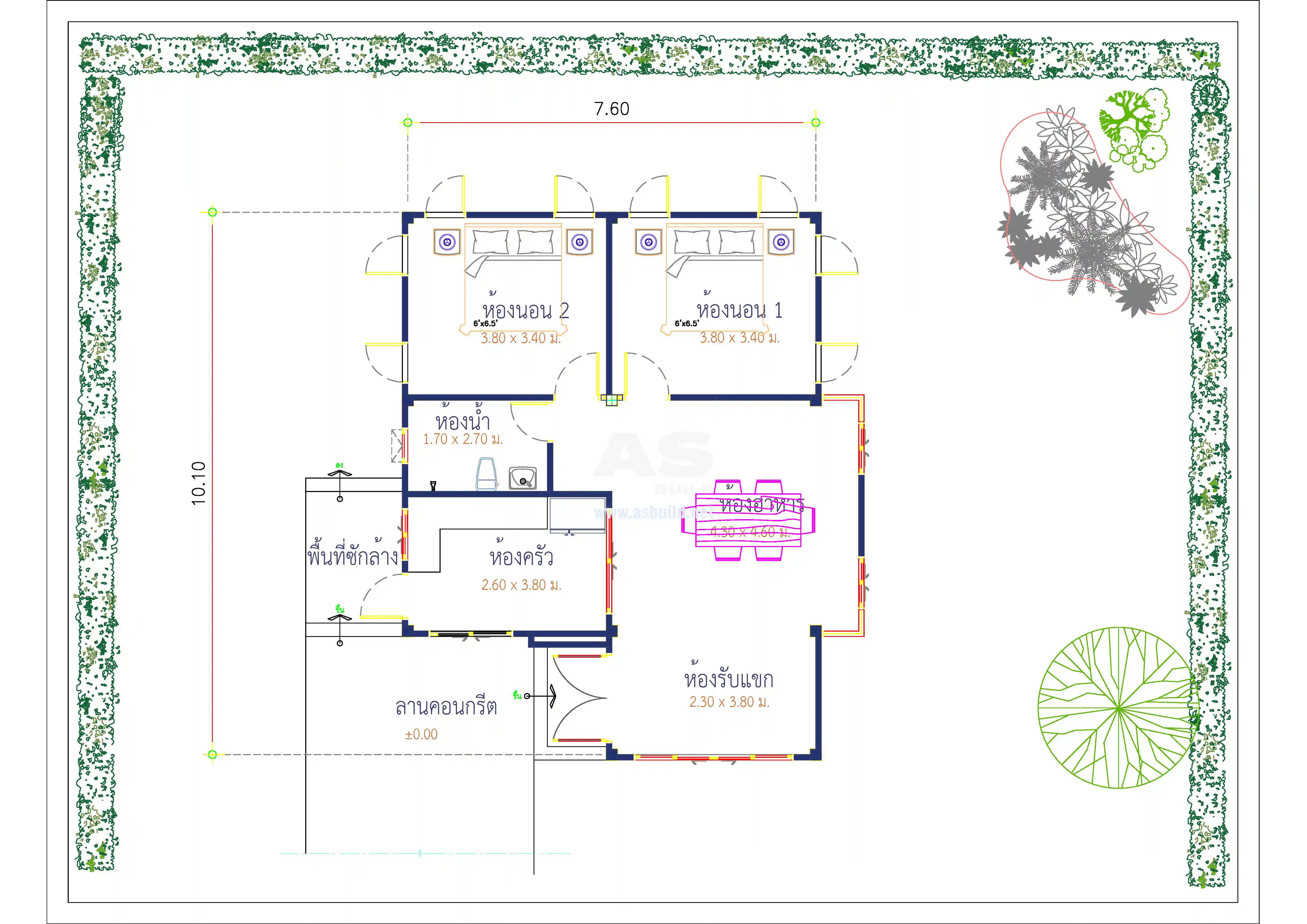 แบบบ้านชั้นเดียว แบบบ้านหน้าแคบ พื้นที่ใช้สอย 68 ตร.ม. 2ห้องนอน 1ห้องน้ำ