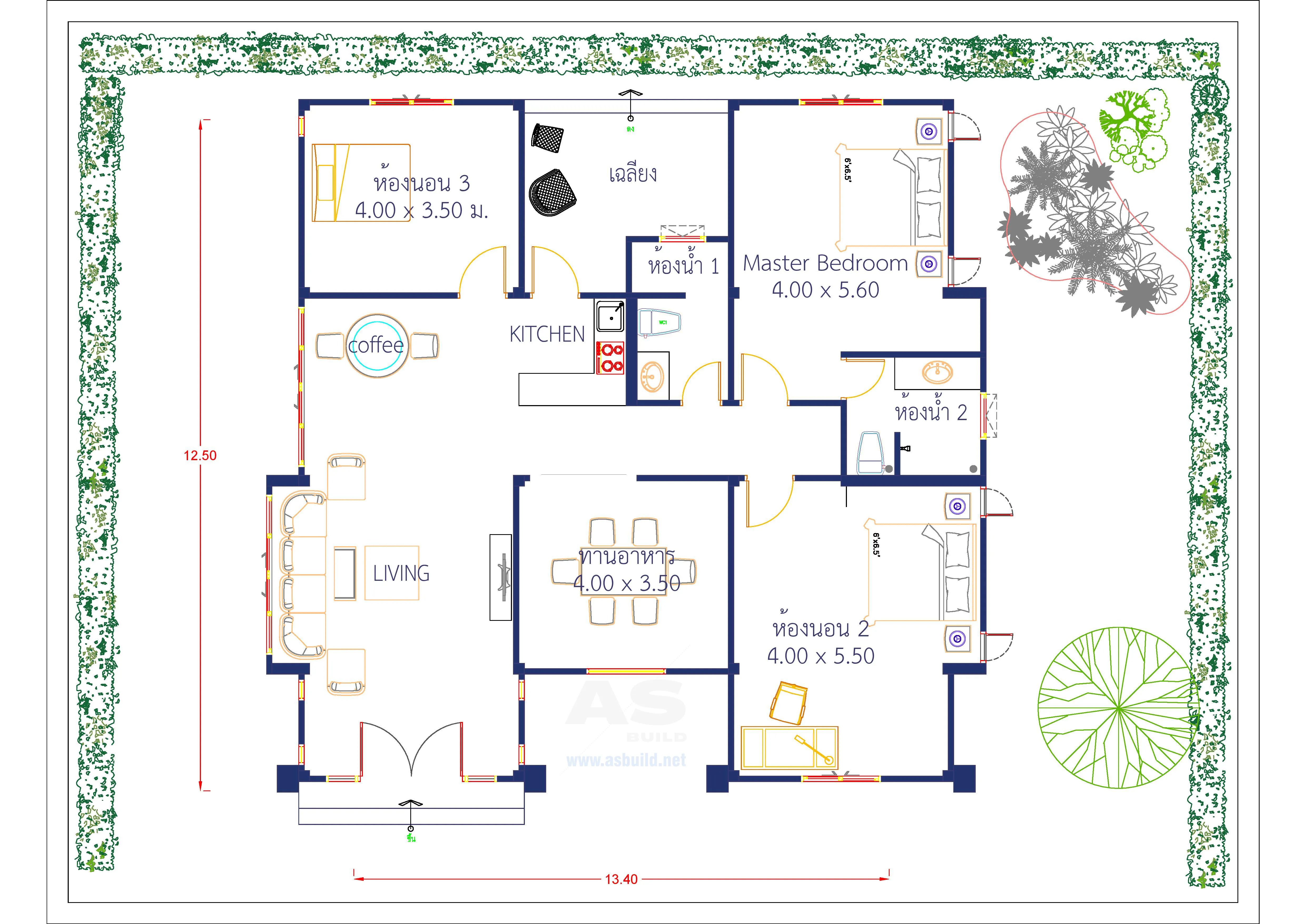 แบบบ้านเดี่ยวชั้นเดียว พื้นที่ใช้สอย 142 ตร.ม. 3ห้องนอน 2ห้องน้ำ