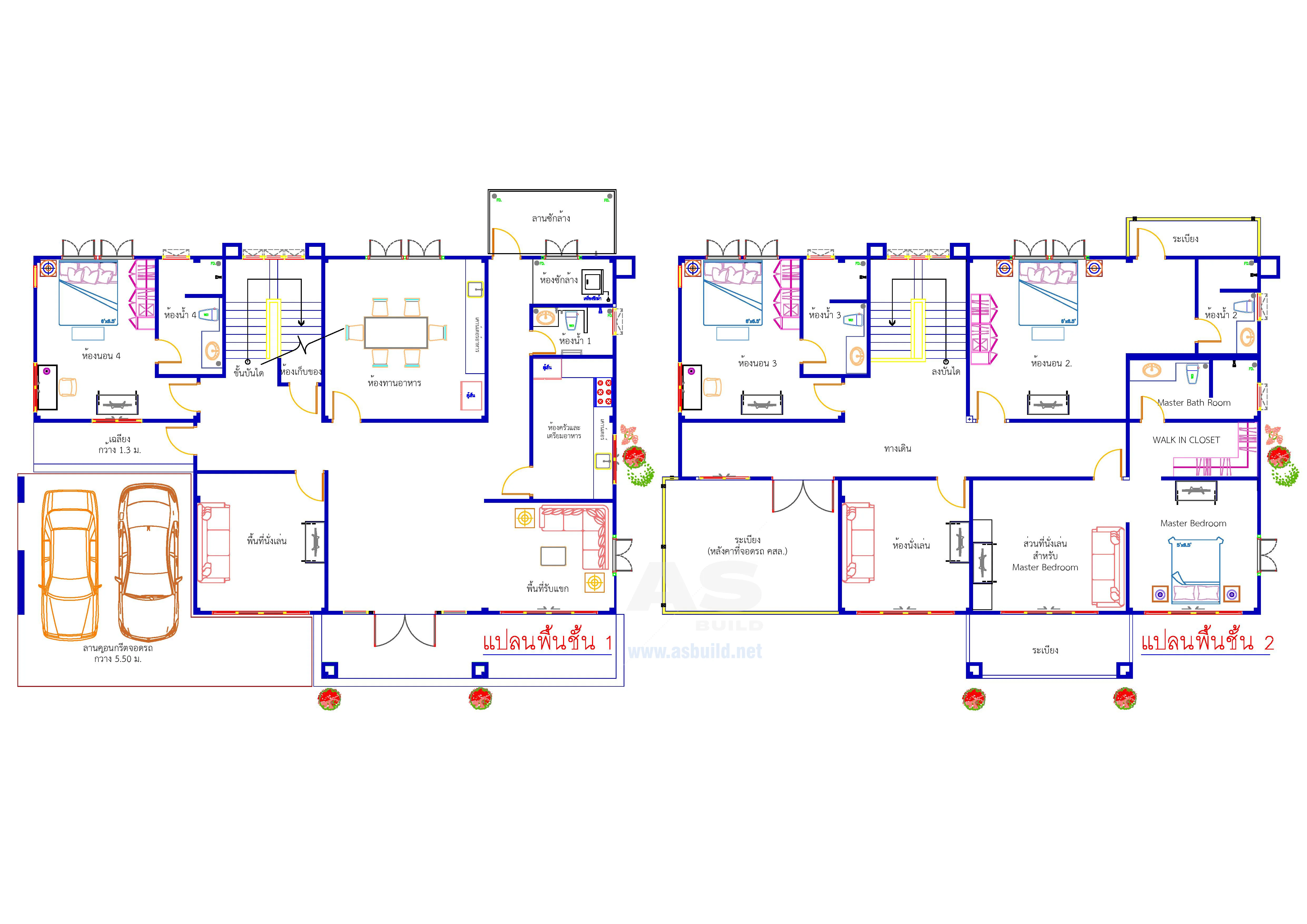 แบบบ้าน 2ชั้น ขนาด 395 ตร.ม. 4ห้องนอน 4ห้องน้ำ จอดรถ2คัน