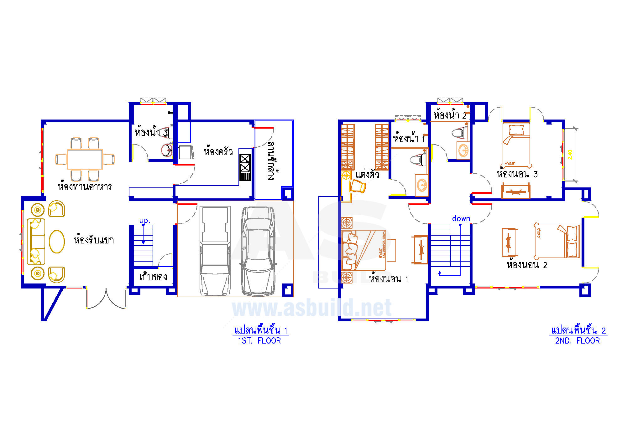 แบบบ้าน 2 ชั้น ขนาด 218 ตร.ม. 3ห้องนอน 3ห้องน้ำ โถงต้อนรับ และจอดรถ 2 คัน