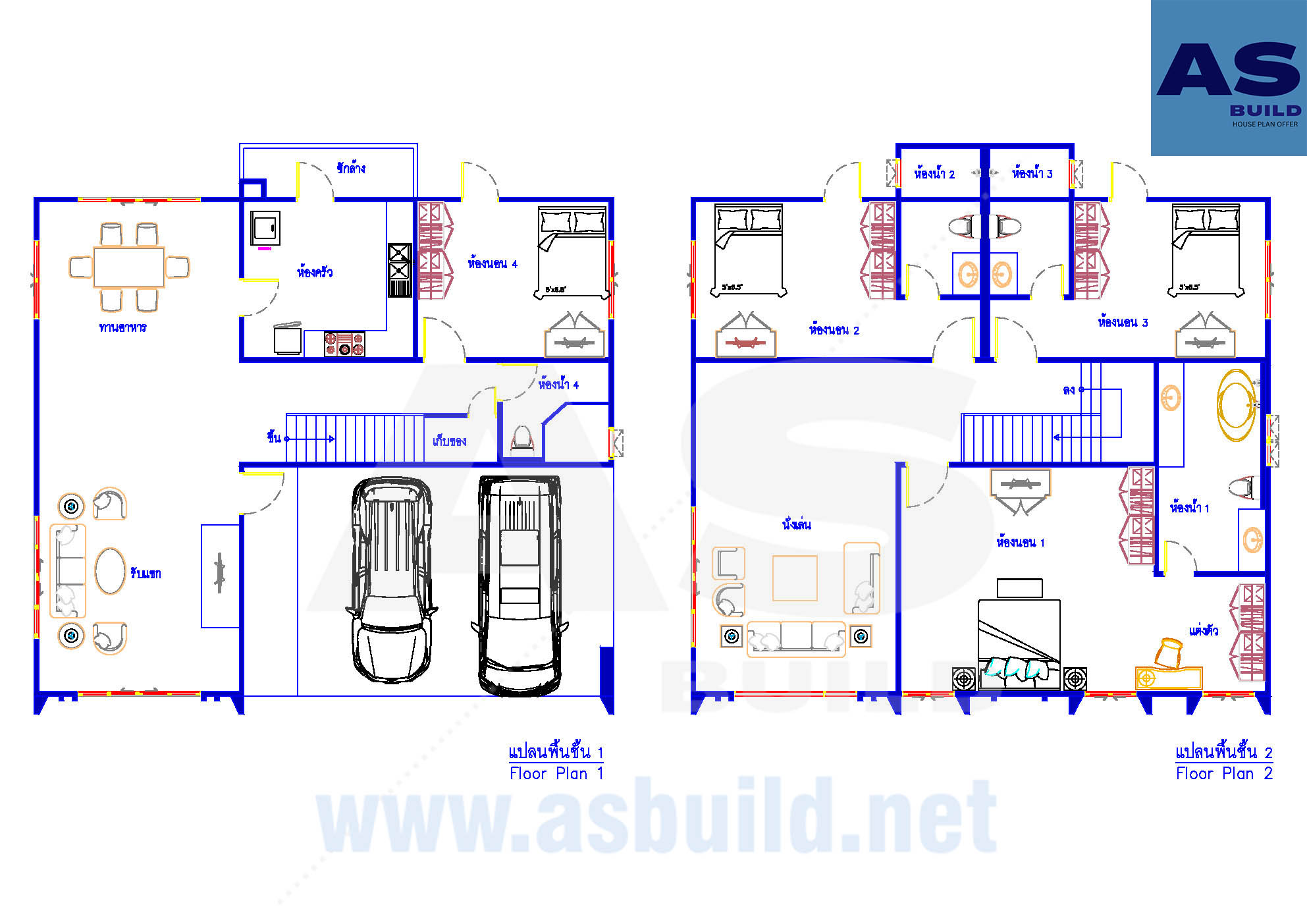 แบบบ้าน 2 ชั้น ขนาด 295 ตร.ม. 4ห้องนอน 4ห้องน้ำ 1ห้องครัว และจอดรถ 2 คัน