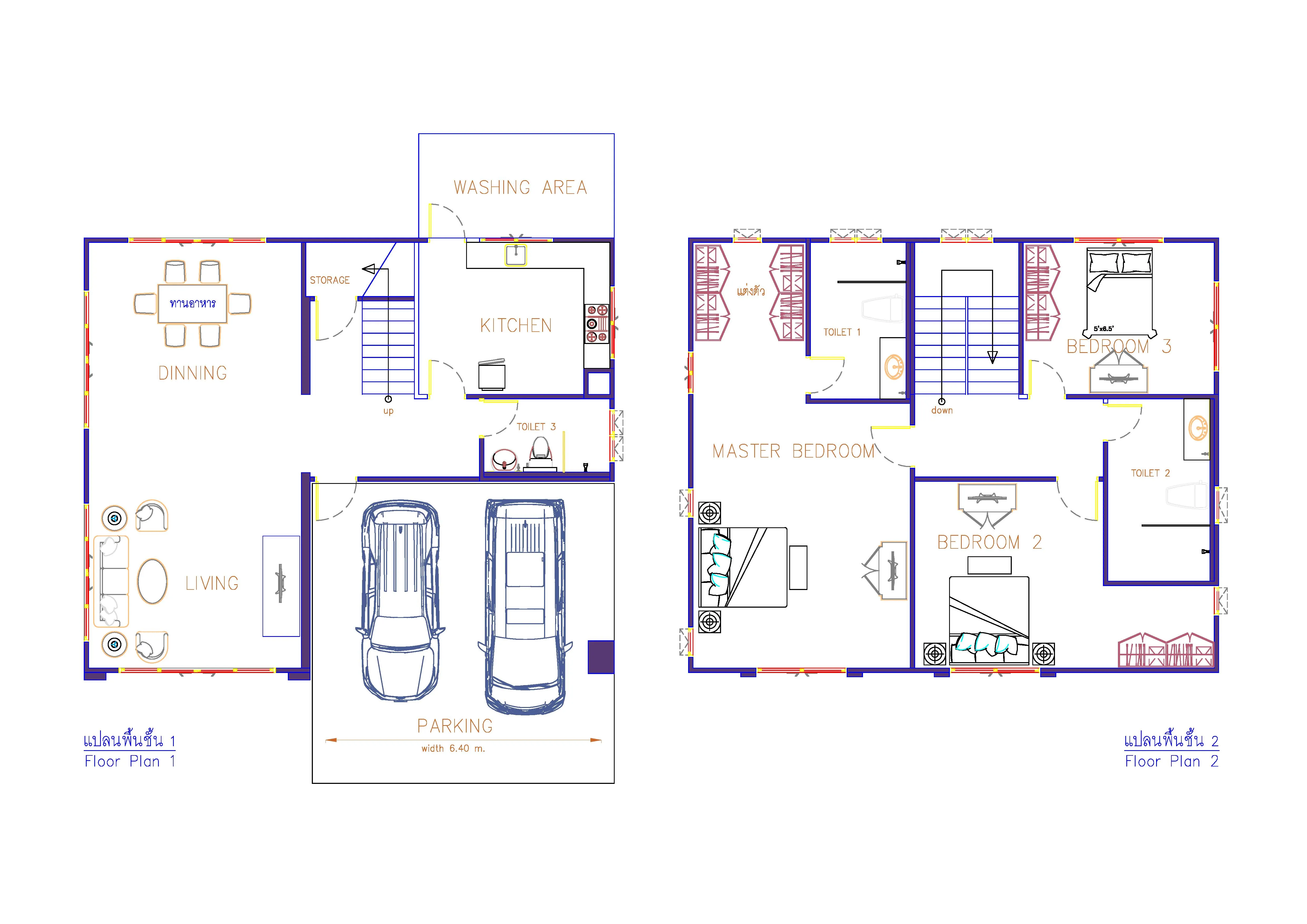 แบบบ้าน 2 ชั้น แบบบ้านหน้าแคบ พื้นที่ใช้สอยขนาด 257 ตร.ม. 3ห้องนอน 4ห้องน้ำ โถงต้อนรับ และจอดรถ 2 คัน