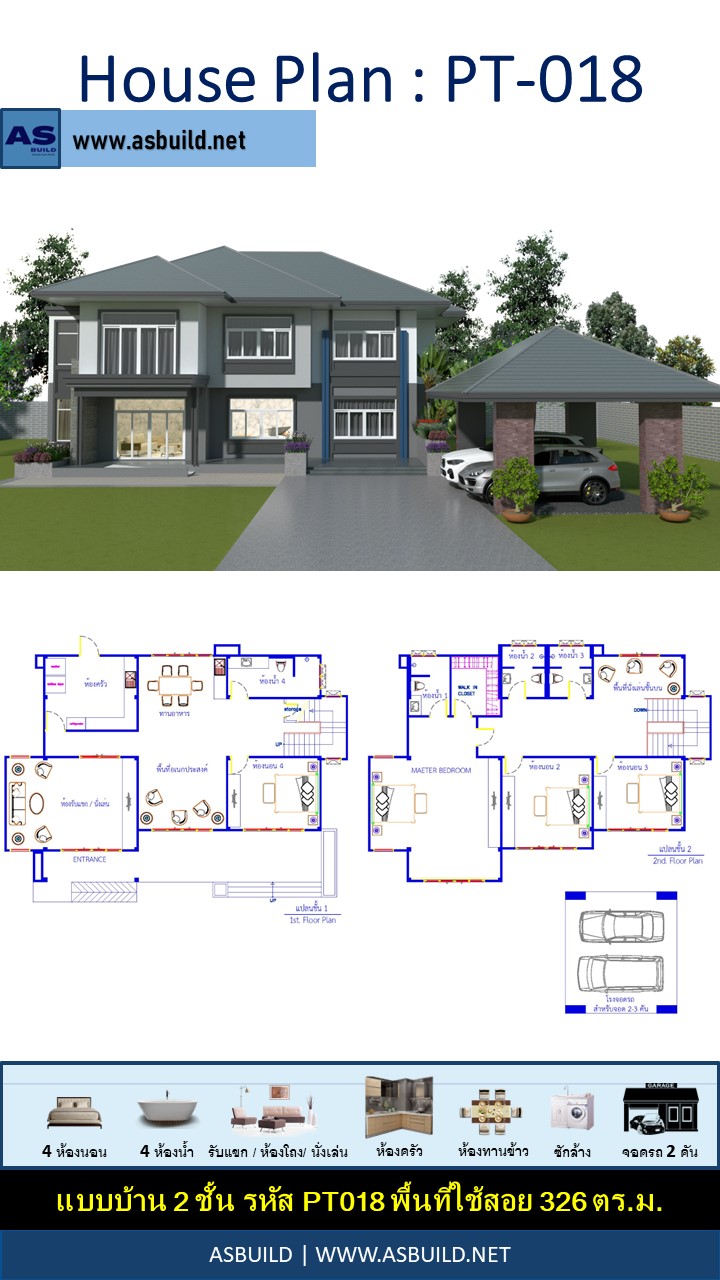 แบบบ้าน 2 ชั้น พื้นที่ใช้สอยขนาด 326 ตร.ม. 4ห้องนอน 4ห้องน้ำ โถงต้อนรับ และโรงจอดรถ 2 คัน