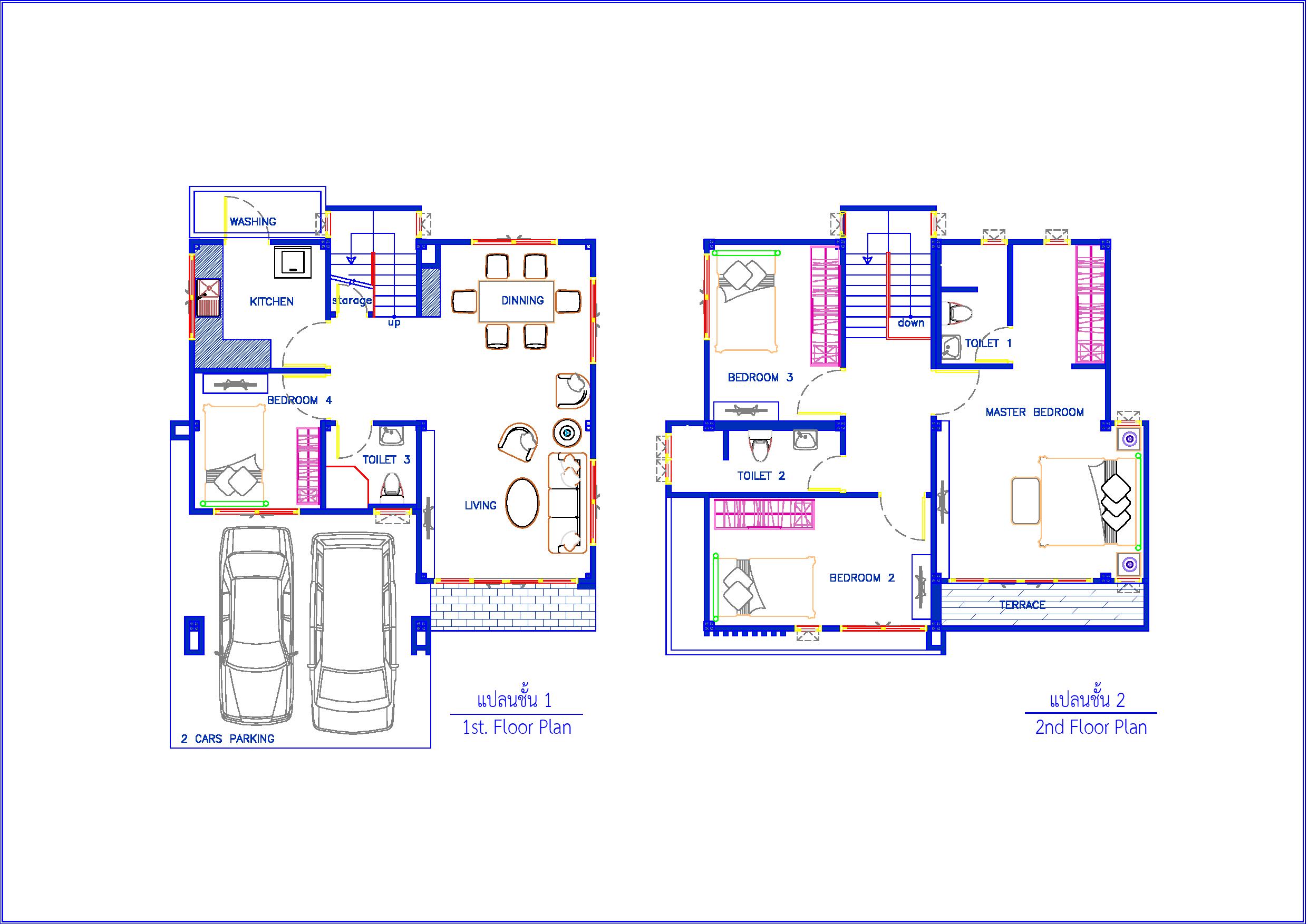 แบบบ้าน 2 ชั้น แบบบ้านหน้าแคบ พื้นที่ใช้สอยขนาด 147 ตร.ม. 4ห้องนอน 3ห้องน้ำ โถงต้อนรับ และจอดรถ 2 คัน