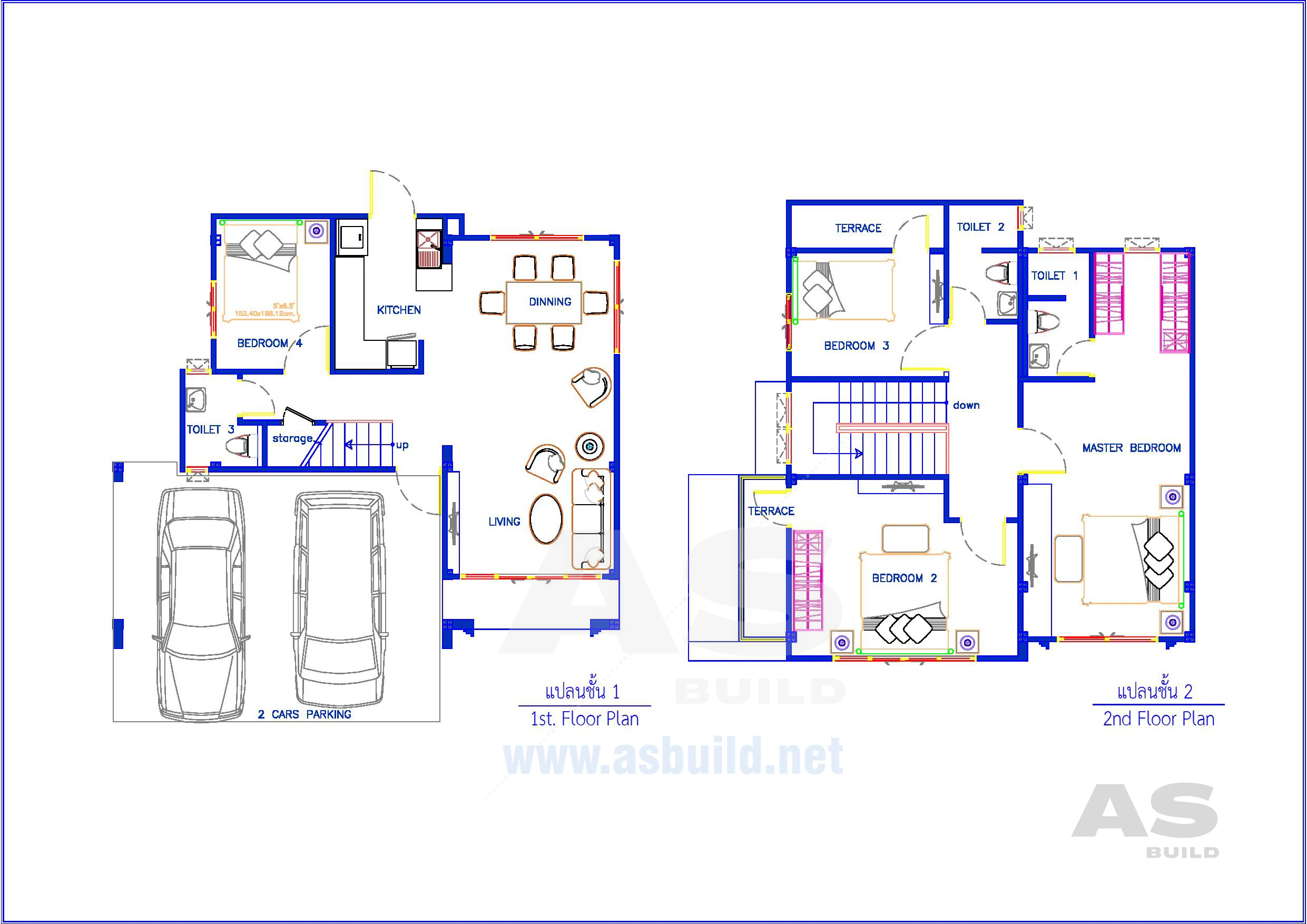 แบบบ้าน 2 ชั้น แบบบ้านหน้าแคบ พื้นที่ใช้สอยขนาด 177 ตร.ม. 4ห้องนอน 3ห้องน้ำ โถงต้อนรับ และจอดรถ 2 คัน